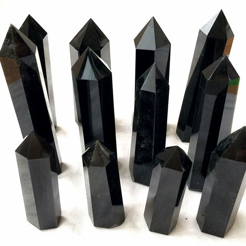 100% Natural Obsidian Black Quartz Crystal Stone Healing Point Hexagonal Wand US