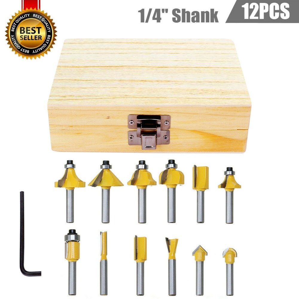 12 PCS Tungsten Carbide Tipped TCT Router Bits 1/4" Shank Sealed Bearing Bit Set