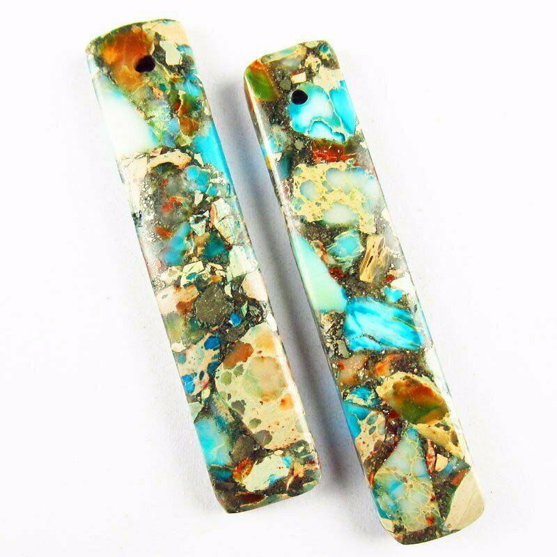 2pcs Blue Man-made Sea Sediment Jasper Pyrite Oblong 48x10x4mm Pendant 519DP