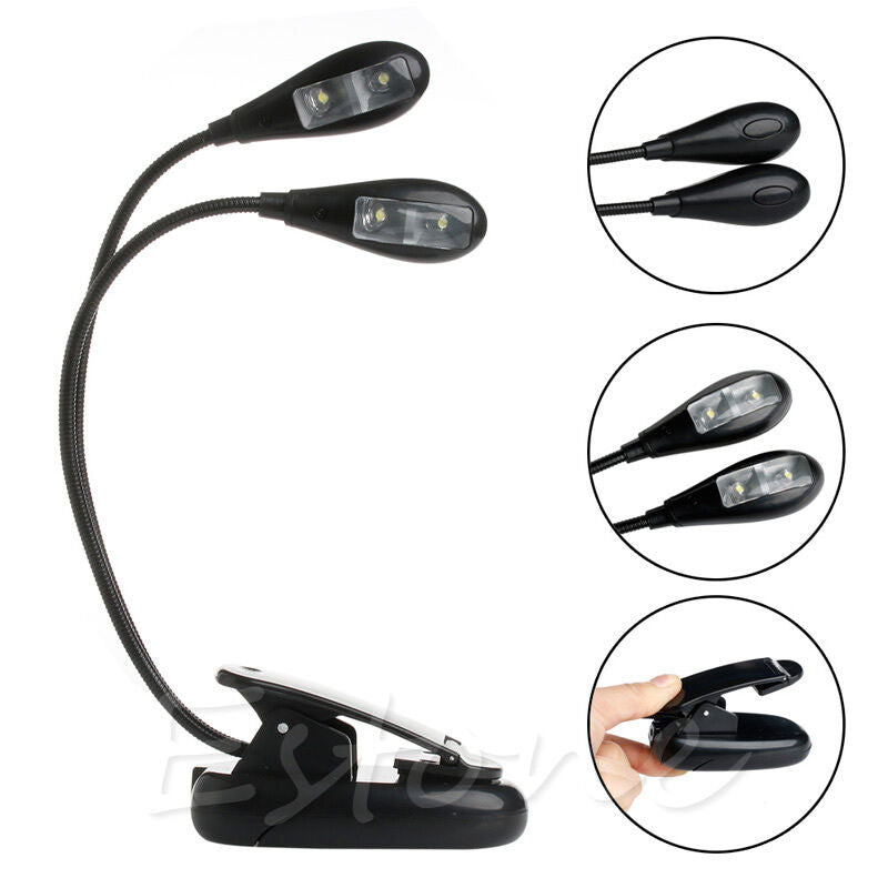 2 Dual Flexible Arms 4 LED Clip-on Light Lamp for Piano Music Stand Book