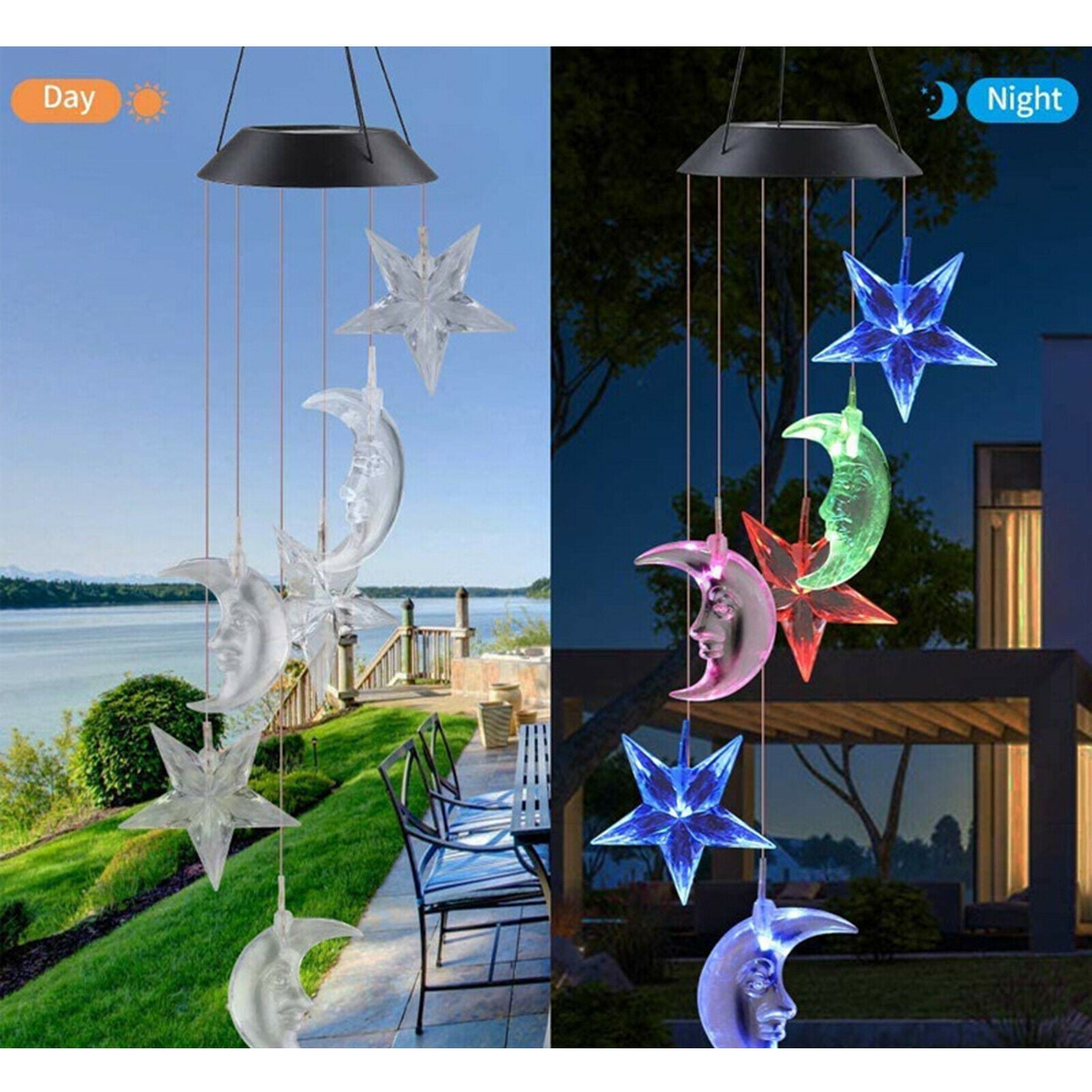 LED Moon & Star Solar Wind Chimes Light Memorial for Garden Patio Party Home
