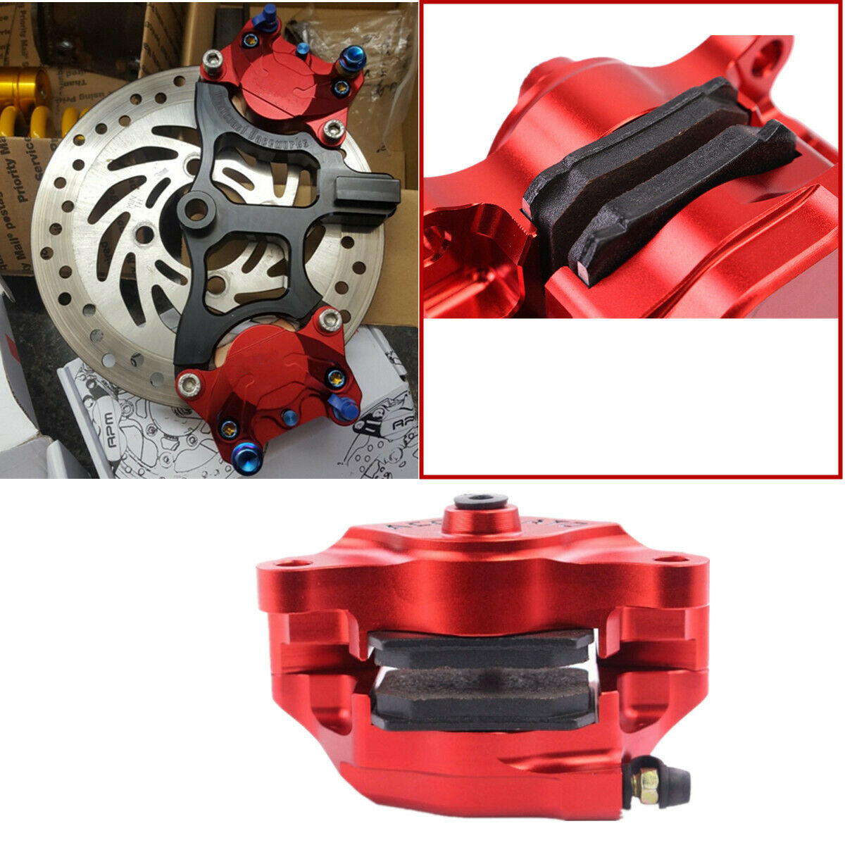 Red CNC Motorcycle Modification Brake Caliper Brake Pads and Banjo Bolt Included