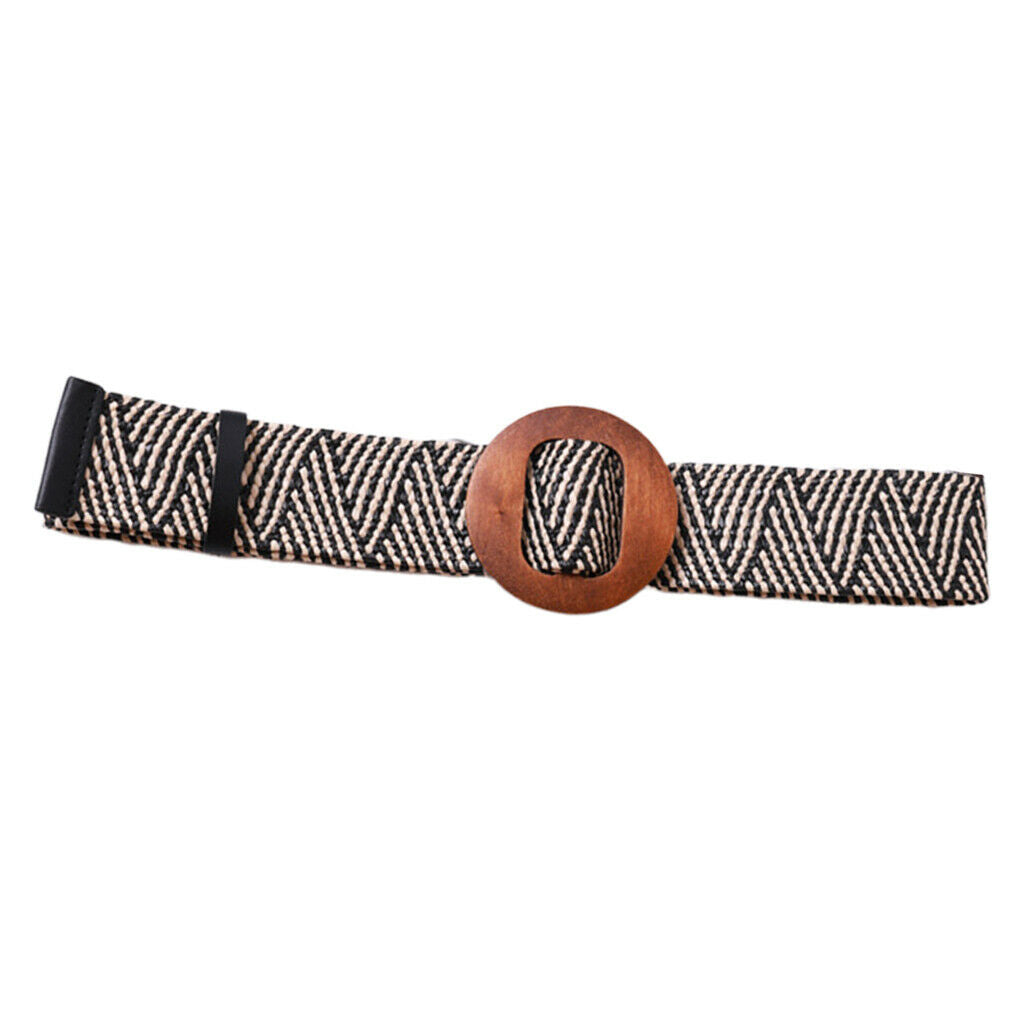 Women Braided Straw Waistband Cinch Belt with Round Wooden Buckle Stripe