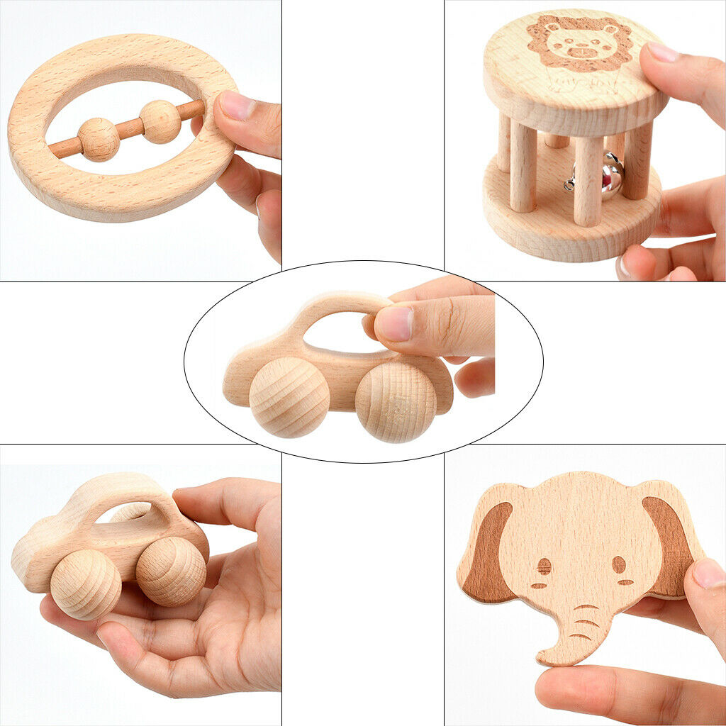 5pcs Wooden Rattle with Bell Fine Motor Learning Play Gym Educational Toys