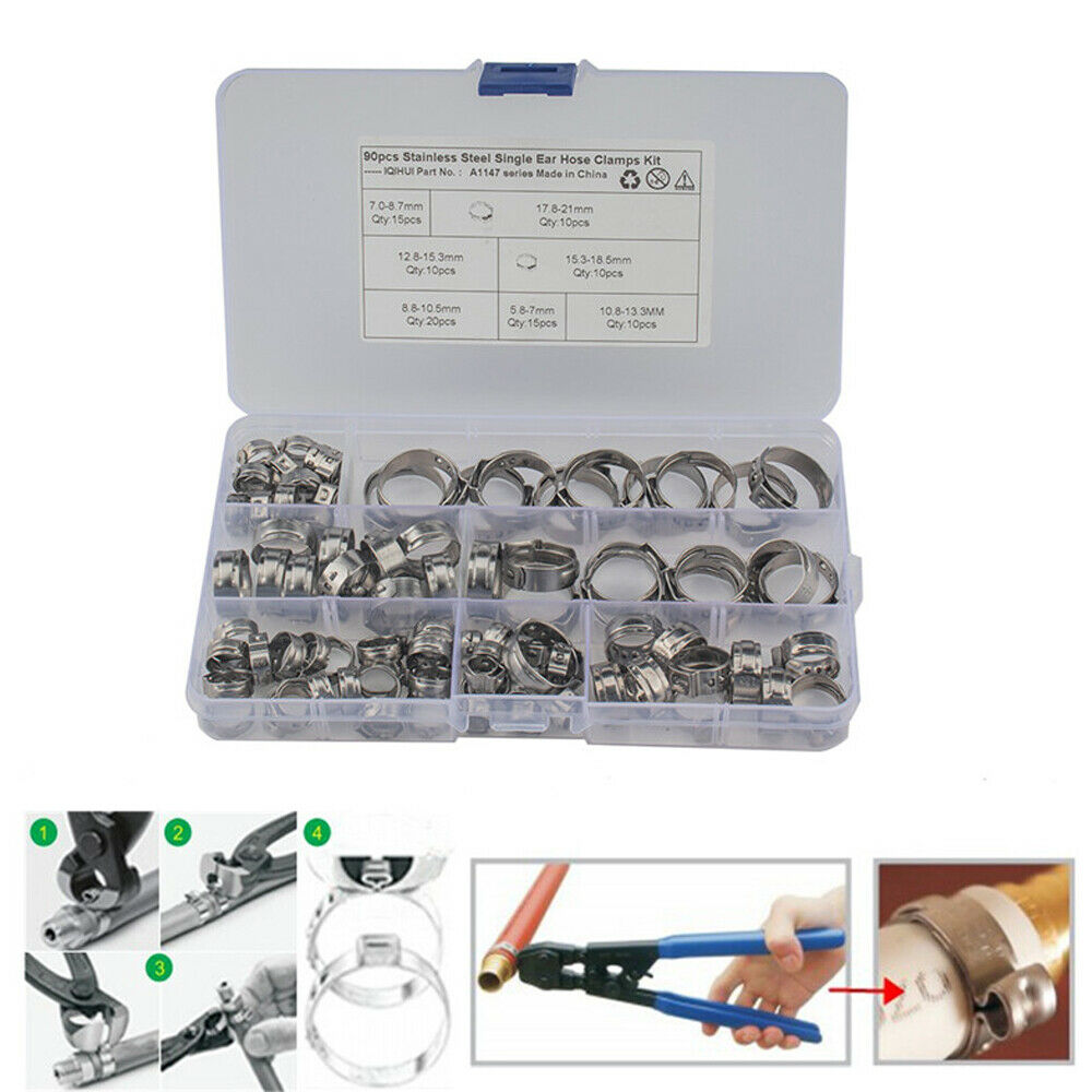 90x Single Ear Car Hydraulic Hose Clamps Clips Pipe Fuel Air Pipe Clamps 7 Sizes