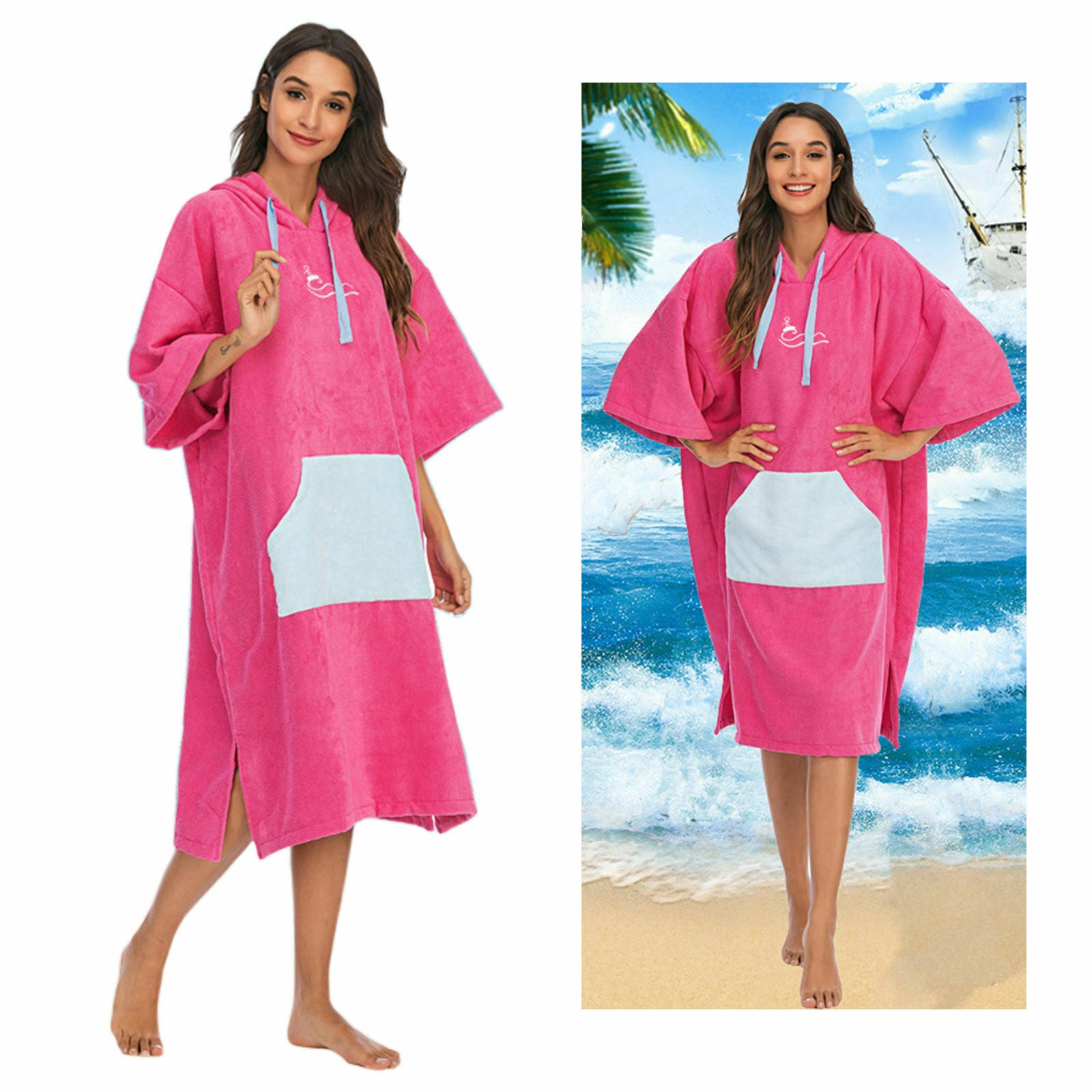 Surf Poncho Change Robe Wetsuit Towel Outdoor Sports Men Women Rose Red