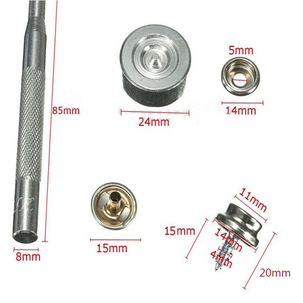 15Sets Snap Button Screw Boat Stud Fastener Nut Setting Tool Kit with Case