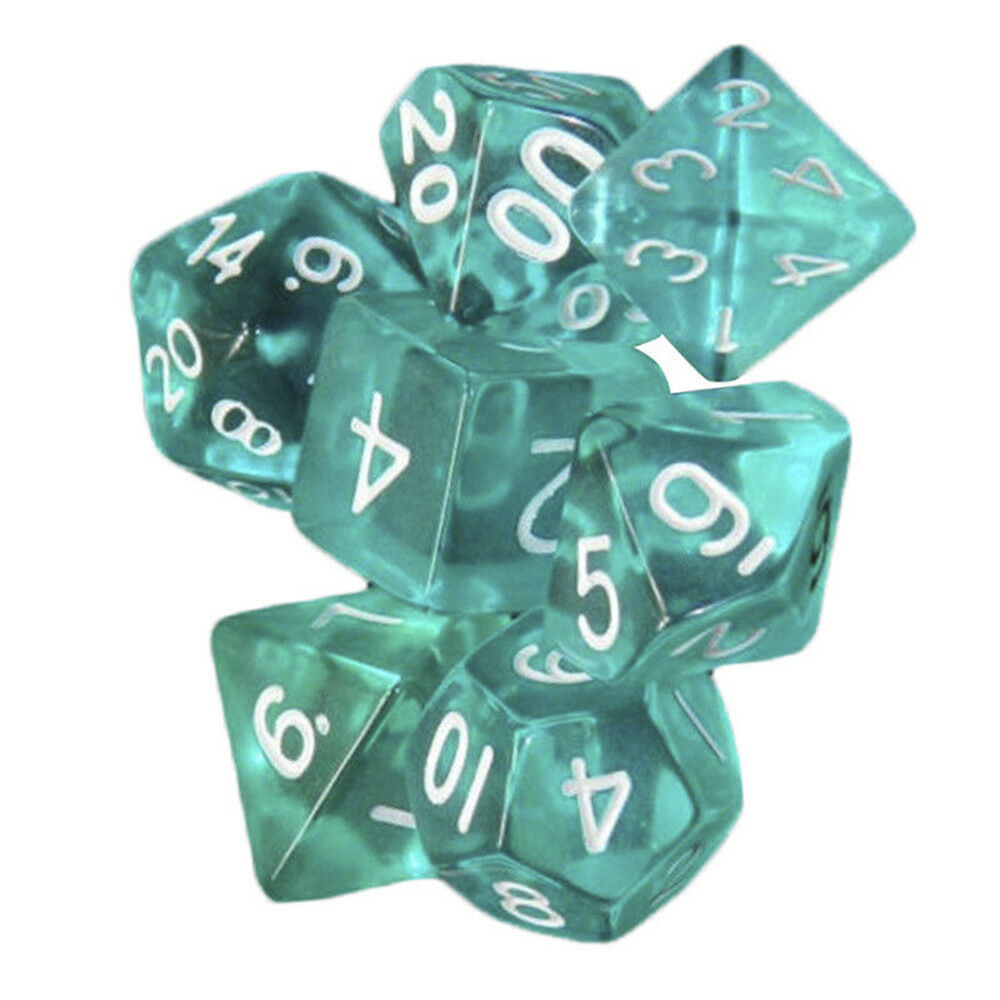 Lots of 7 Piece Polyhedral Set Cloud Drop Translucent Teal RPG DnD With Dice Bag