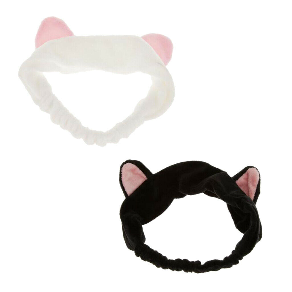 2x Cat Ear Hairband Elastic Hair Wrap Face Wash Shower Makeup Snood Headband