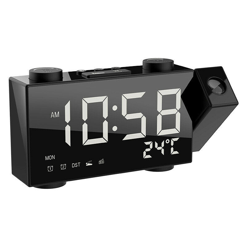 Alarm Clock 180Â° Rotating LED Projection Time Display Temperature Loud FM Radio