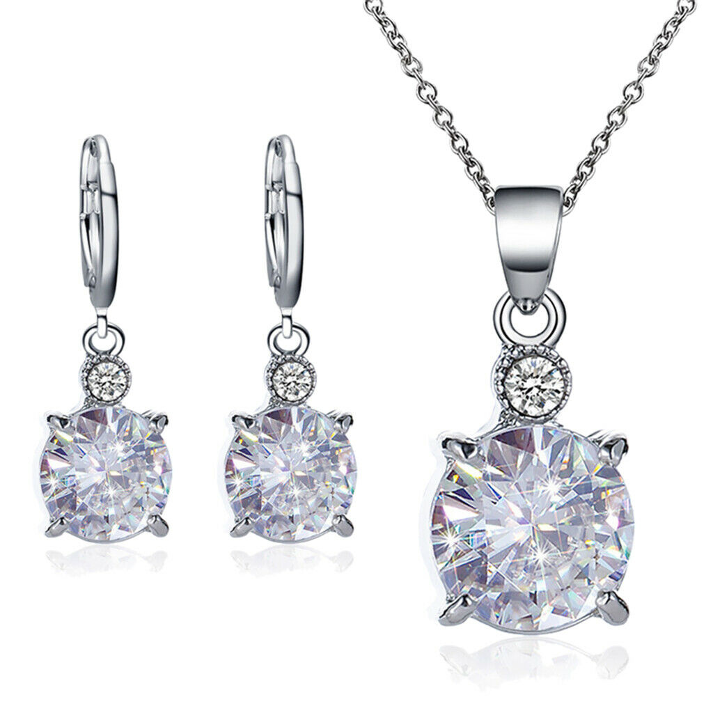 Round Zircon Crystal Bridal Pendant Necklace Earrings Jewelry Sets for Formal