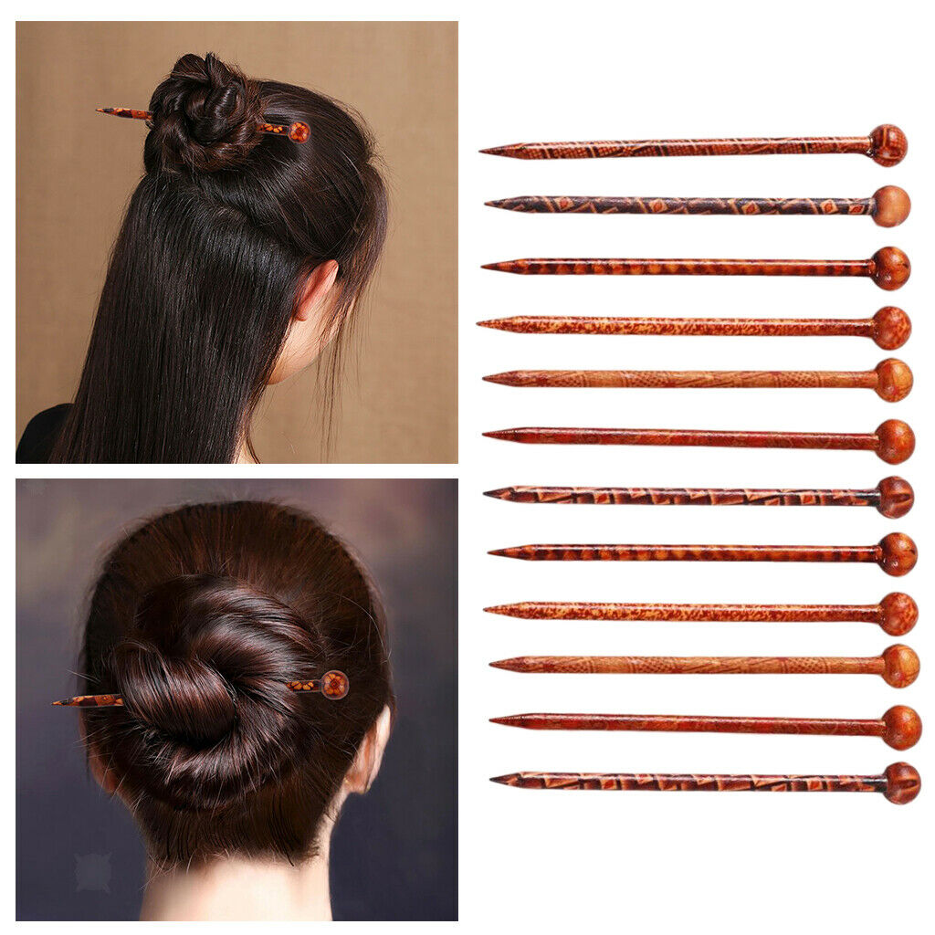 12Pcs Craft Retro Wood Hair Pin Hairpin Stick Clip Hair Styling Tools DIY