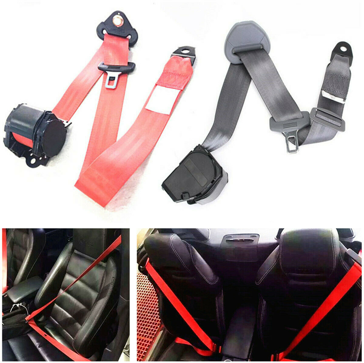 3 Point Vehicle Seat Belt Red Fully Adjustable Hardware w/ Quick Release Camlock