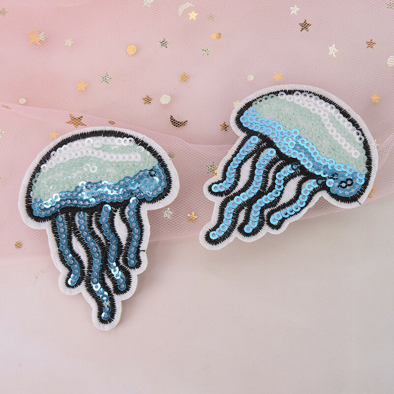 2Xsequin jellyfish embroidered ironon sew patch badge motif bag dress appl.l8