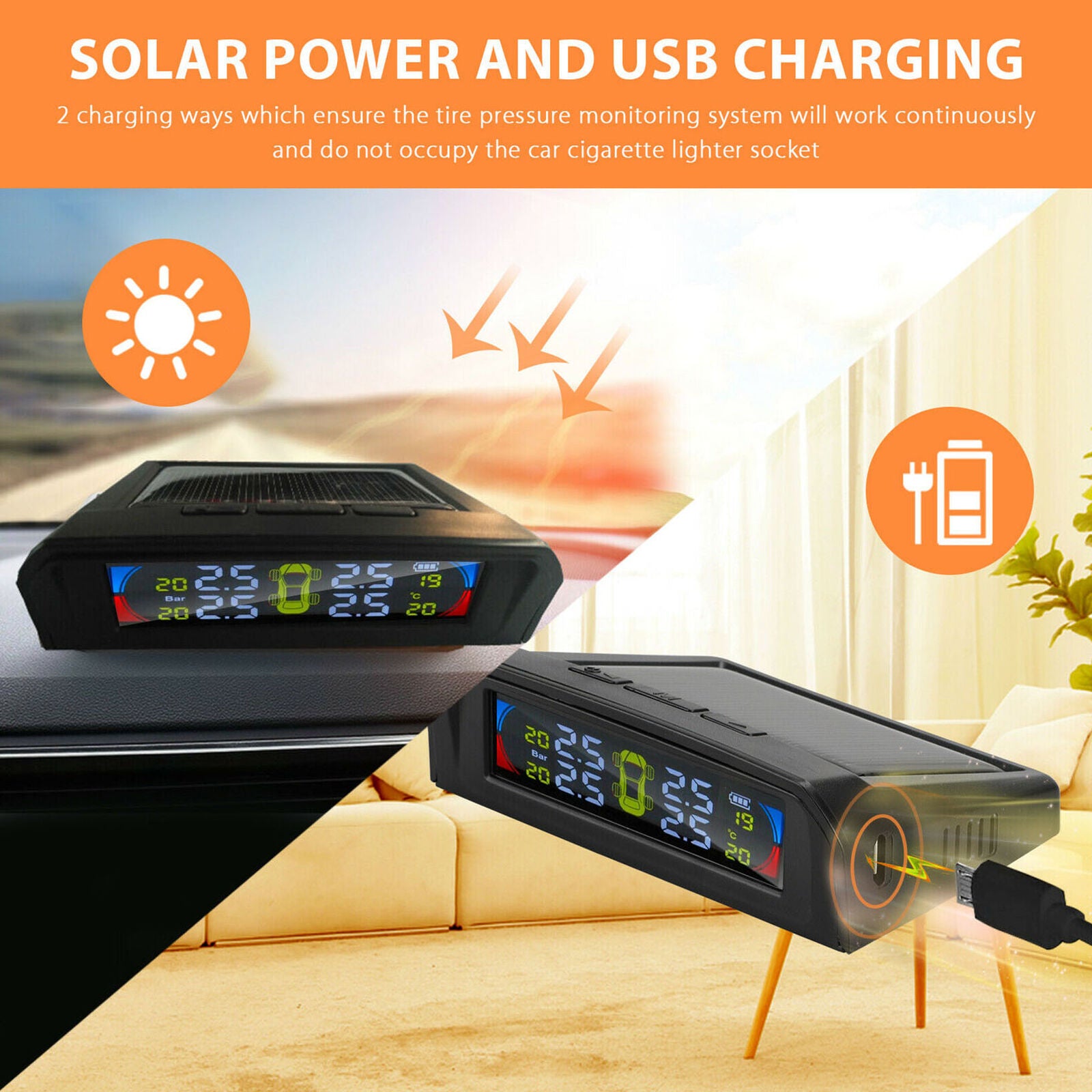 Car Tire Pressure Monitoring System LCD Solar Wireless TPMS + 4 External Sensors