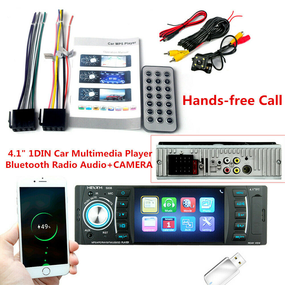 4.1" 1DIN Car MP5 Player Bluetooth Radio Multimedia Audio Video+CAMERA TF AUX