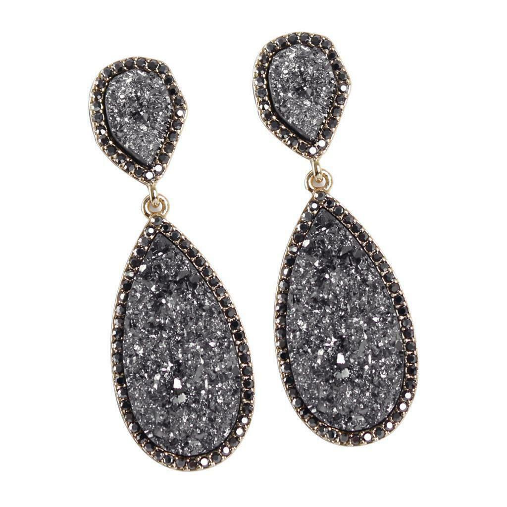 Full Prong Cubic Zirconia Birthstone Teardrop Bridal Dangle Earrings Gray