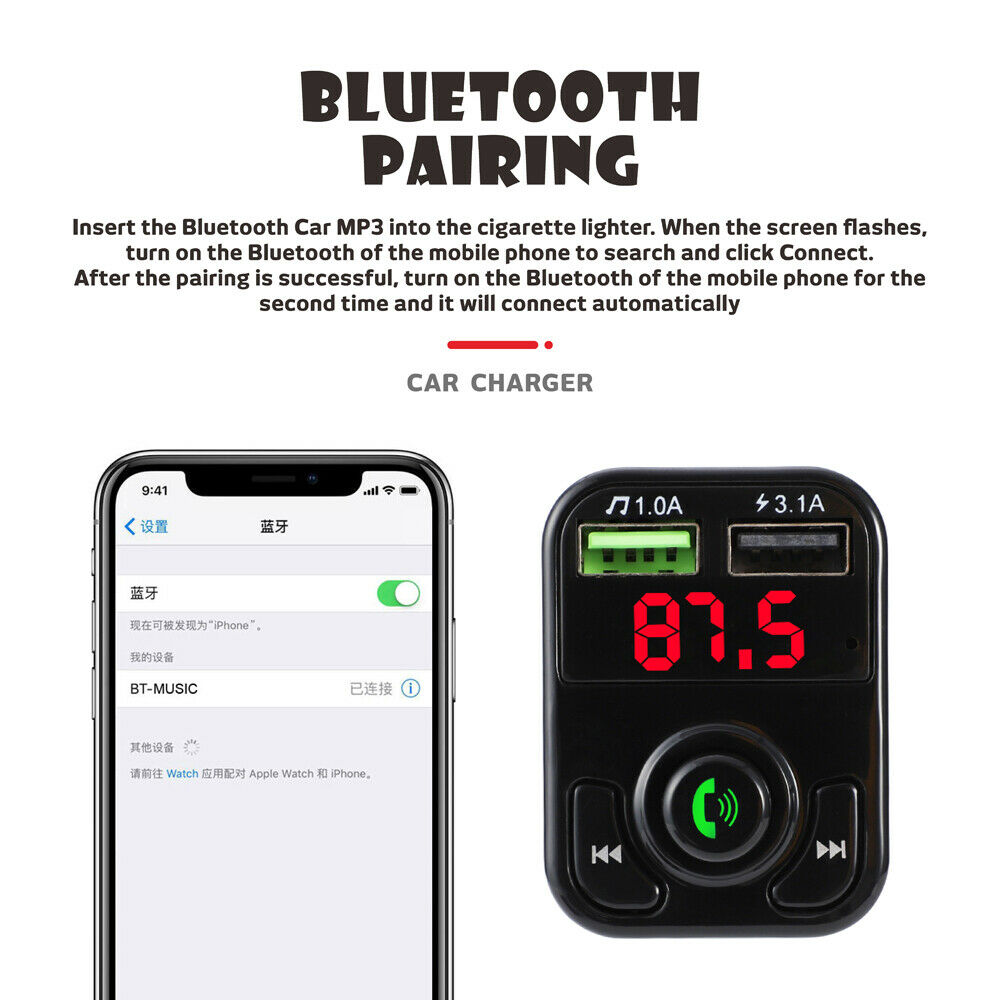 Bluetooth Handsfree Car Kit Car Audio MP3 Player Quick Charge Dual USB Car Charg