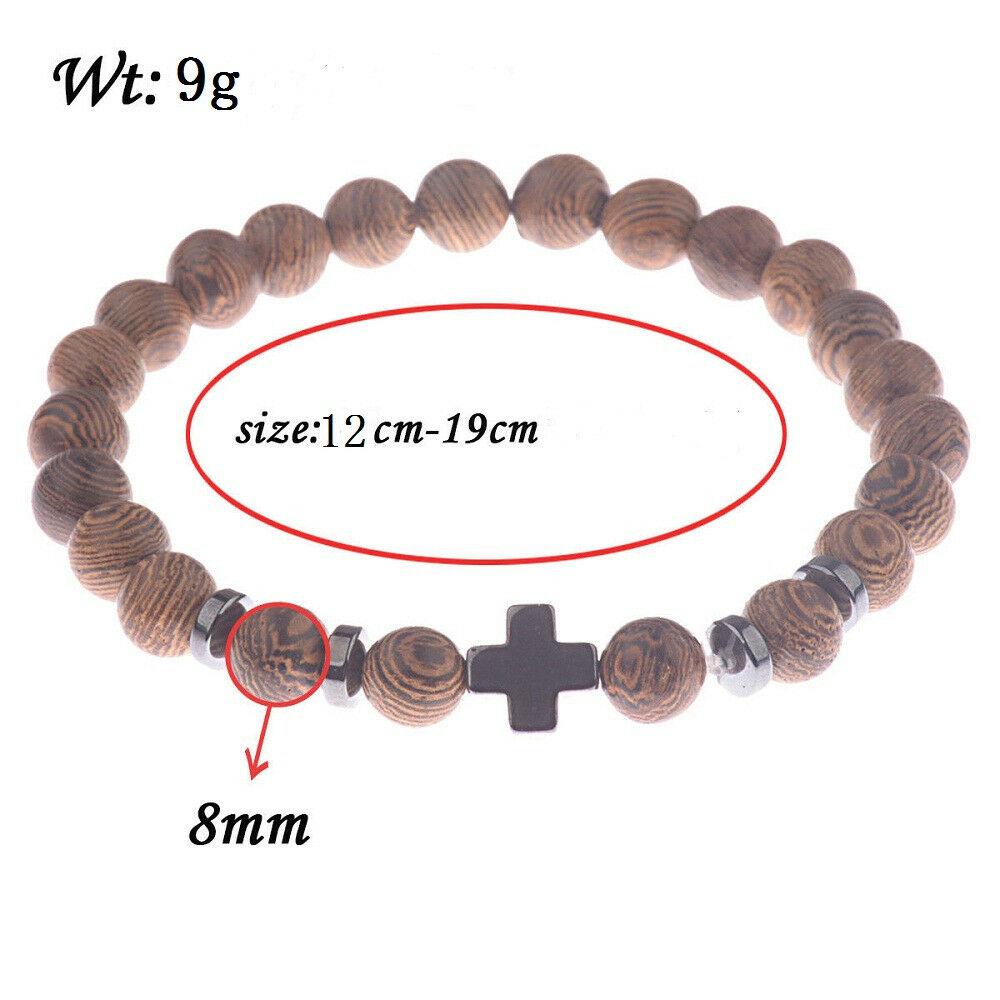 Hot Men Women Hematite Cross Wooden Bracelets Stretchy Wooden Bracelet Beads JT