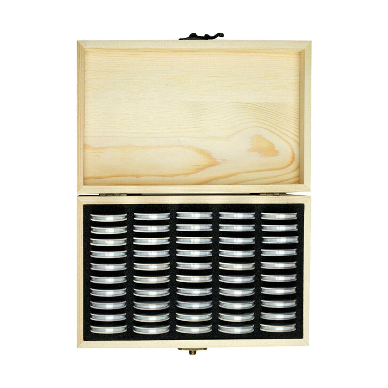 Fine Wood Coin Storage Box with 50pcs Capsules Coin Tray Holder Collection