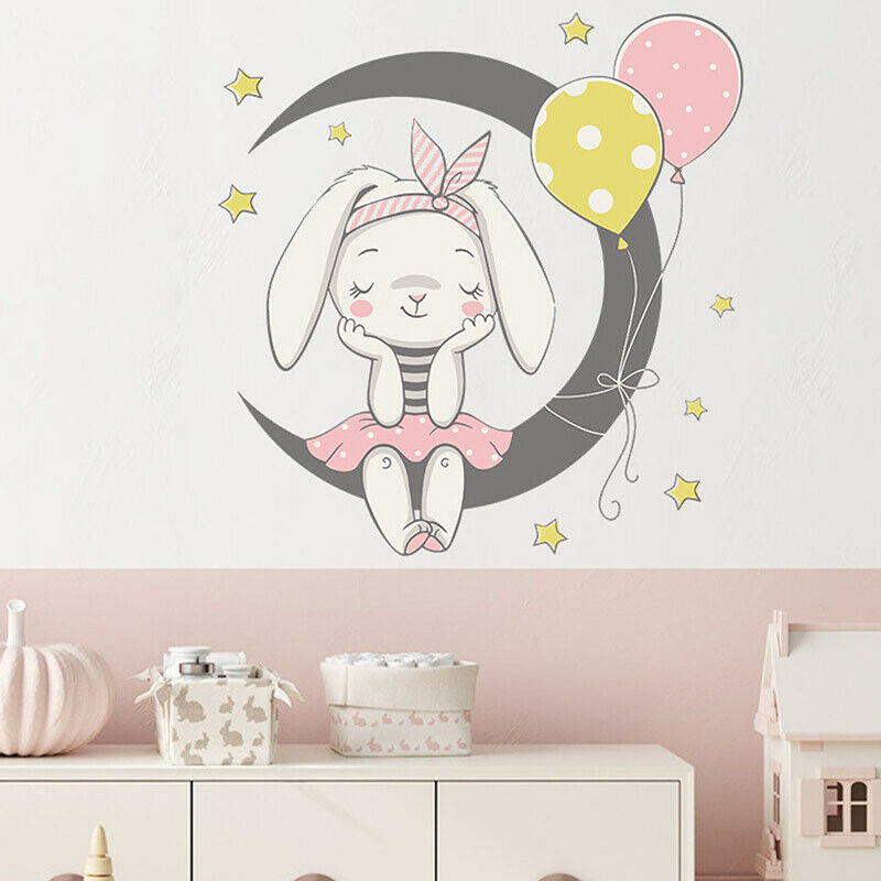 Cartoon Moon Bunny Wall Stickers Paper Kids Room Home Decor Background St.l8