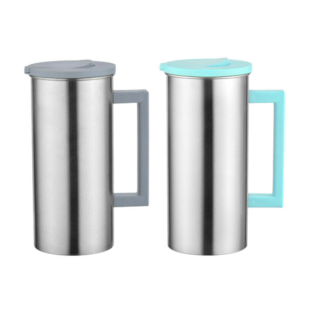 2 Pcs Stainless Steel 1.8L Water Pitcher Grey Juice Jar Kitchen Cafe Serving -
