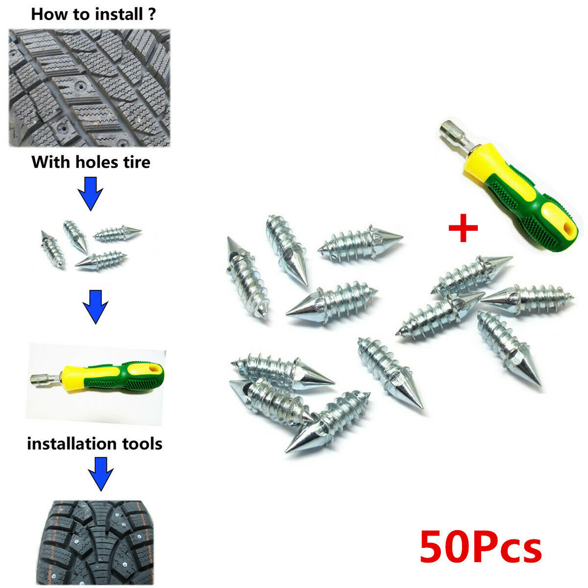 50Pcs Auto Car Tires Studs Spikes Wheel Anti-Slip Screw Studs+Installation Tool