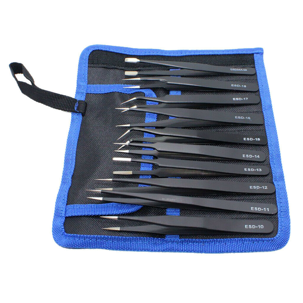 10 in 1 ESD Anti-static Tweezers Set Maintenance Repair Tools Kit with Bag
