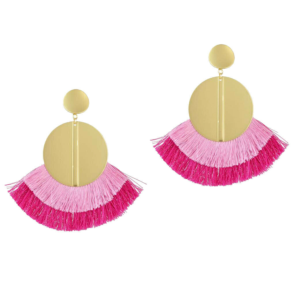 Cotton Tassel Thread Dangle Sequins Disc Earrings Boho Ethnic Earring Pink