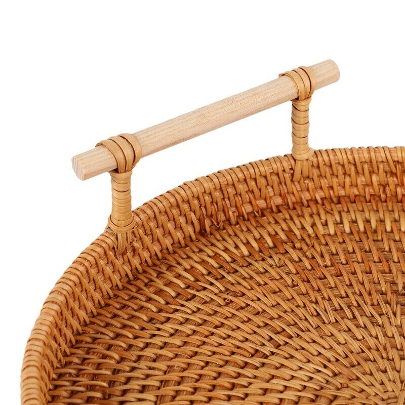 Rattan Storage Tray, Round Basket with Handle, Hand-Woven, Rattan Tray Wicker R6