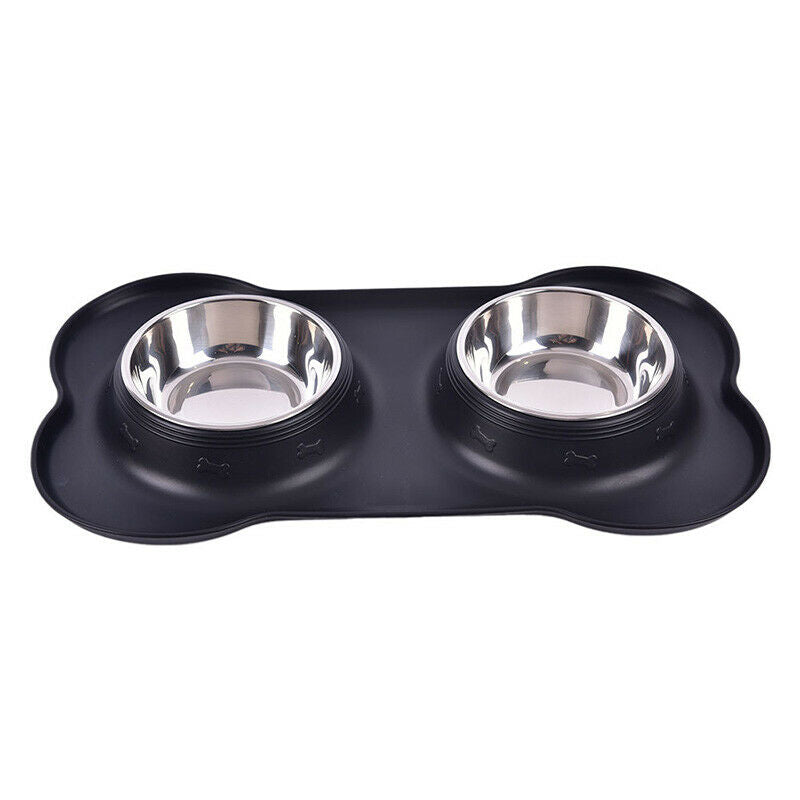 Pet Dog Double Feeder Bowl Stainless Steel Silicone Mat Food Water Bowl Set^DD