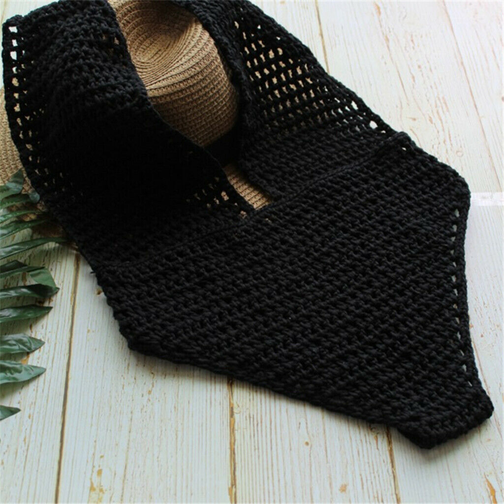 Women Black Crochet Knit Beach Bikini Monokini Halter Deep V-neck Swimwear L