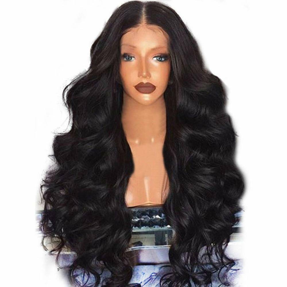 Womens Full Wig Brazilian Remy Hair Body Wave Silk Hair Wigs Black
