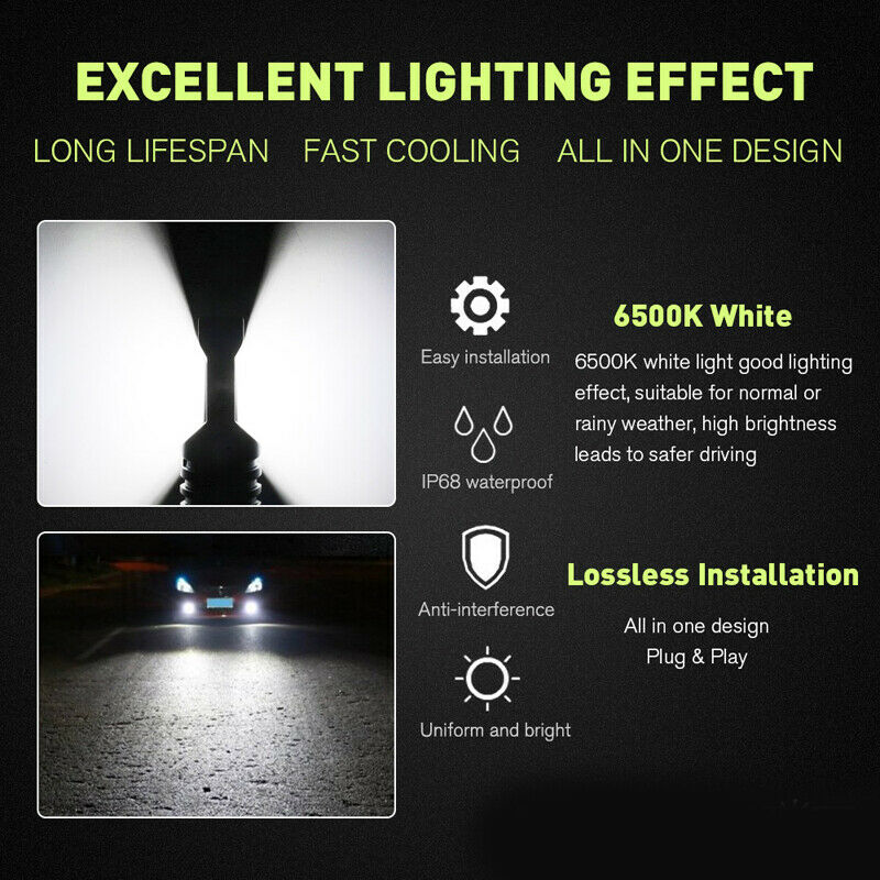 2PCS H11 H8 H9 LED Fog Light Bulbs Car Driving Daytime Running Lamp 6000K White