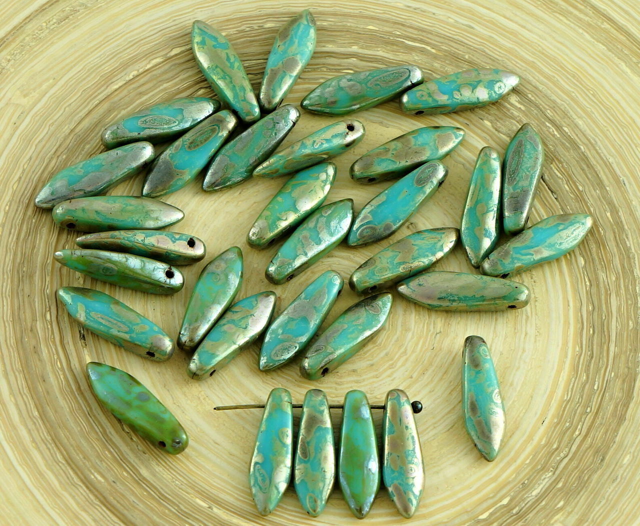 30pcs Turquoise Blue Picasso Czech Glass Dagger Beads Flat Leaf 5mm x 16mm