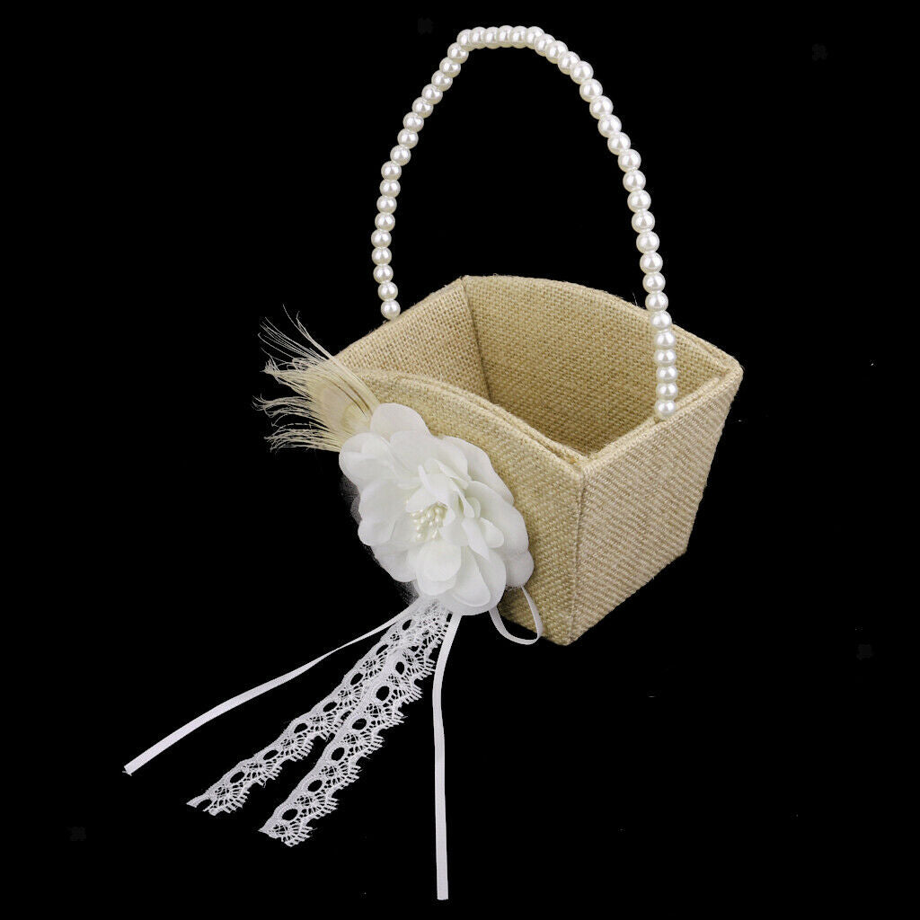 Wedding Burlap Flower Girl Basket With White Flower Beads Deco
