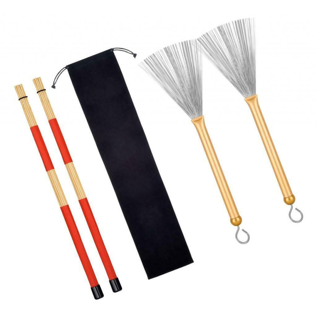 2Pairs Drum Sticks & Drum Wire Brushes & Storage Bag For Music Lover Golden