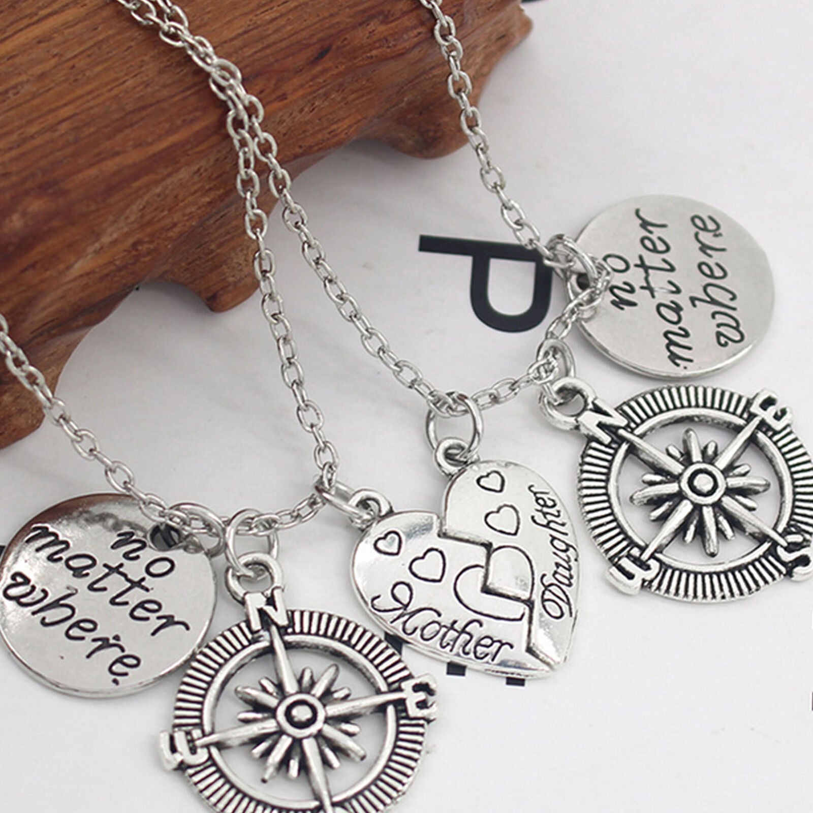 Mother Daughter Best Friends No Matter Where Heart Compass Pendant Necklace Set