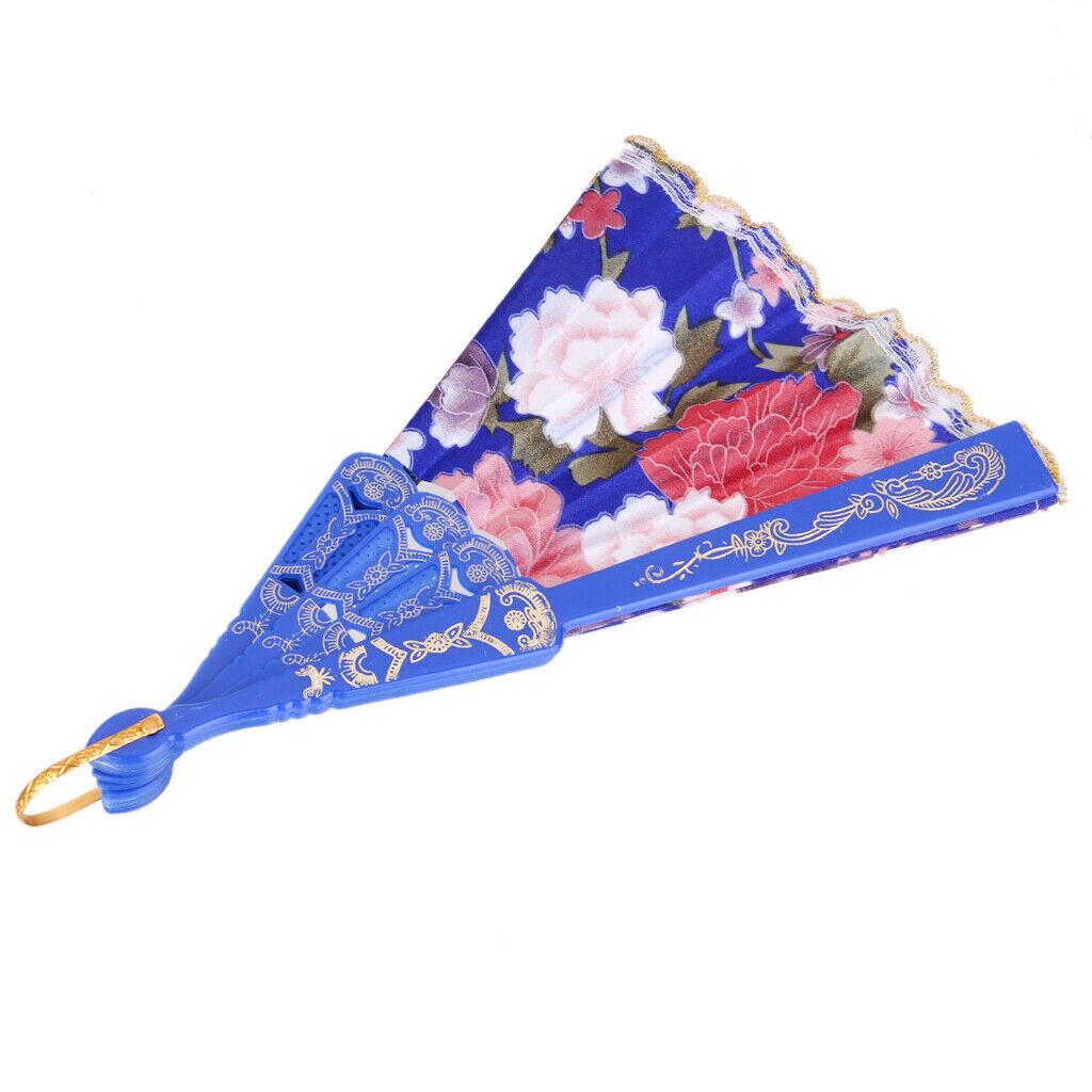 Sweet Style Foldable Folding Floral Print Style Hand Fan Royal Blue &