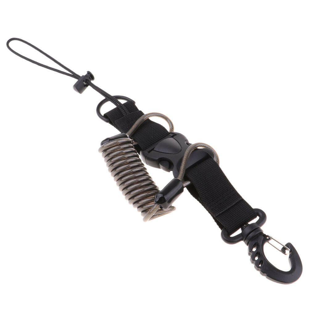 Durable Scuba Diving Spiral Spring Coil Lanyard Camera Safety Leash - Black