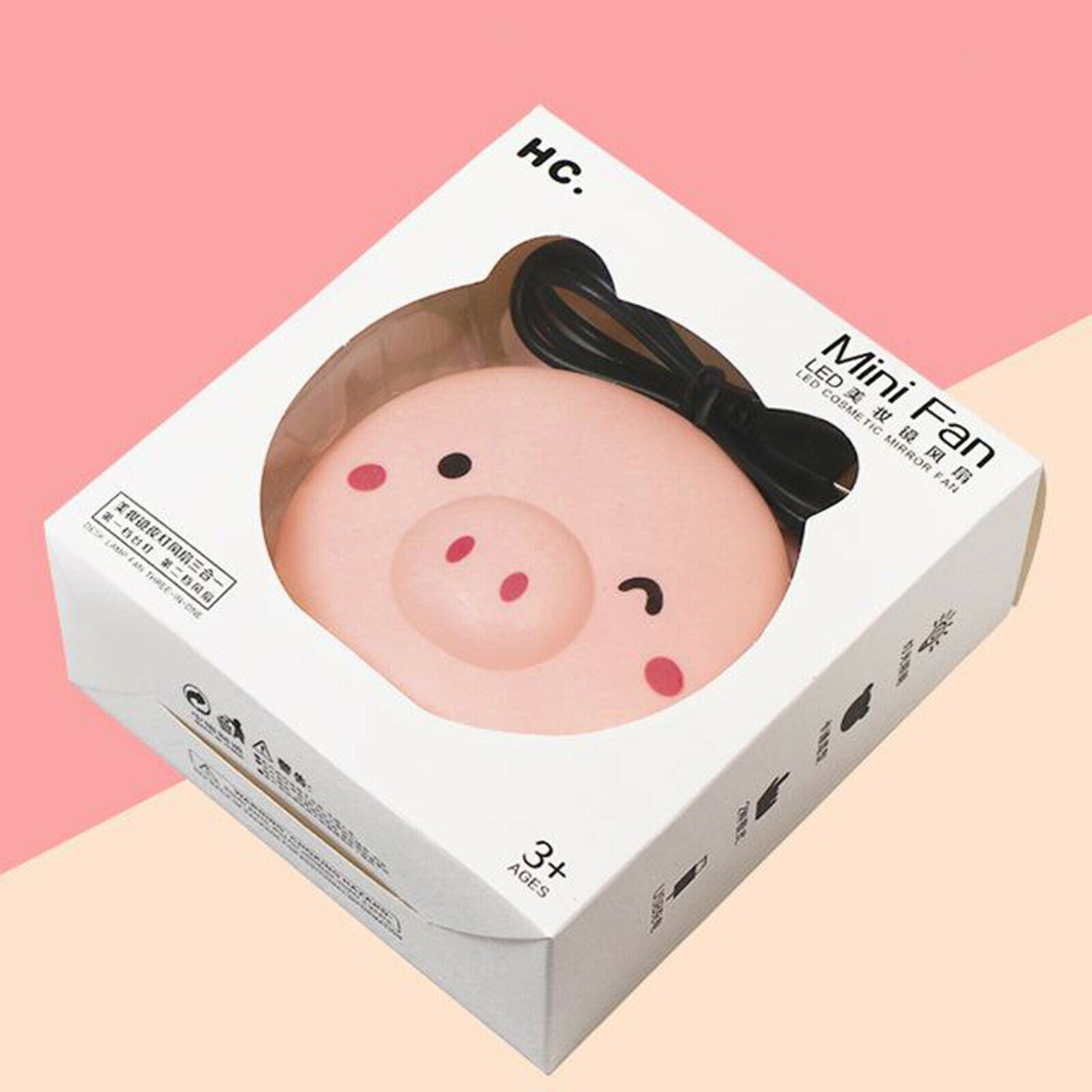 3 in 1 Pig Mini Cosmetic Mirror Cooling Fan Light Portable General Purpose USB