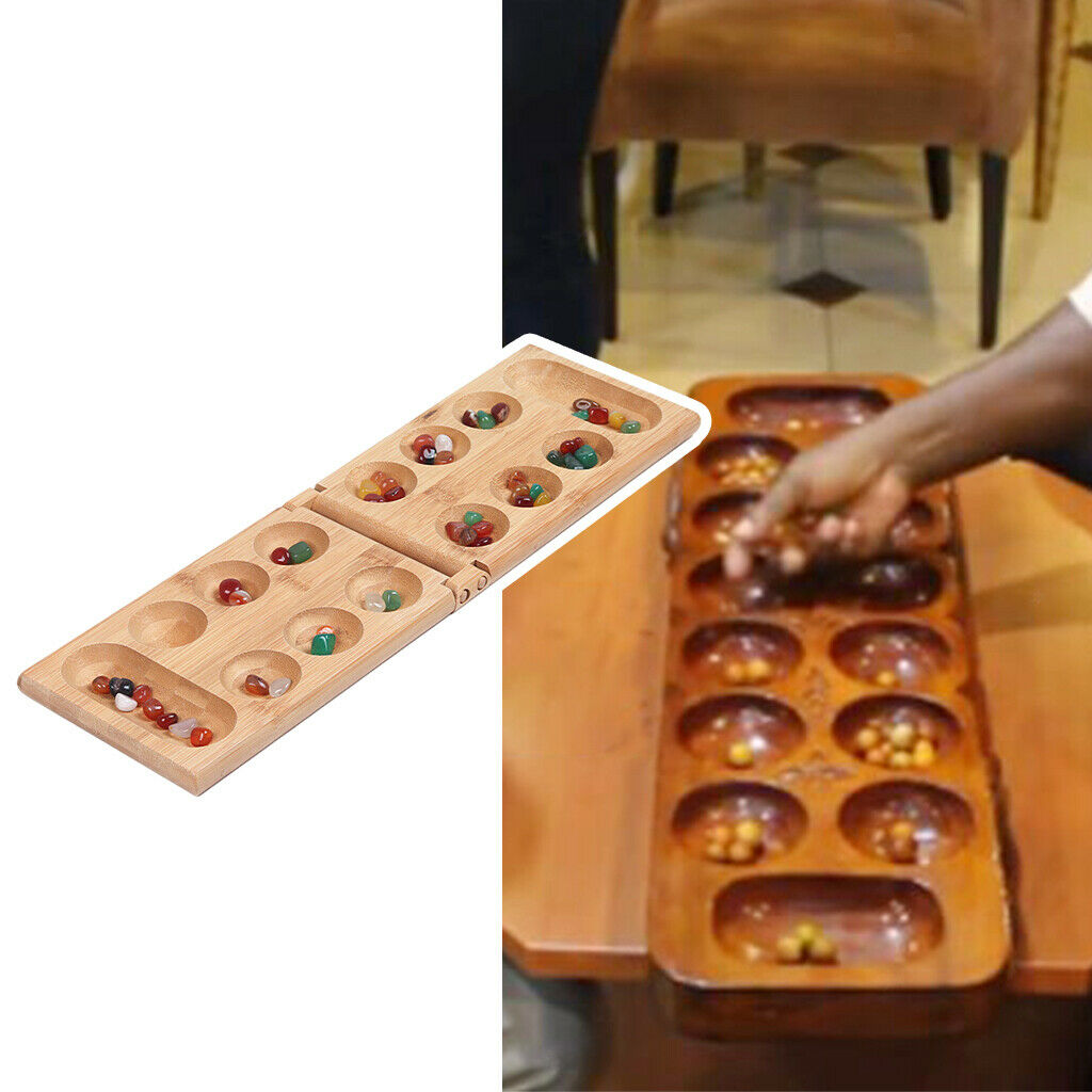 Portable Foldable Wooden Mancala Board Game with 48 Colourful Stones for Kids