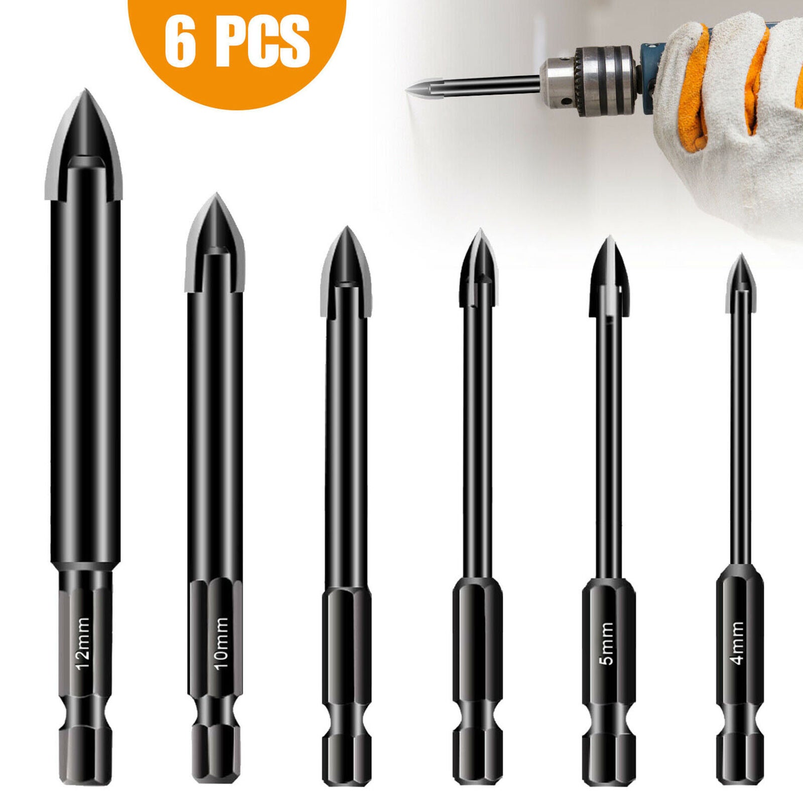 6Pcs Ceramic Tile Glass Drill Bits 1/4" Hex Shank Set for Chucks Bit Holder Top