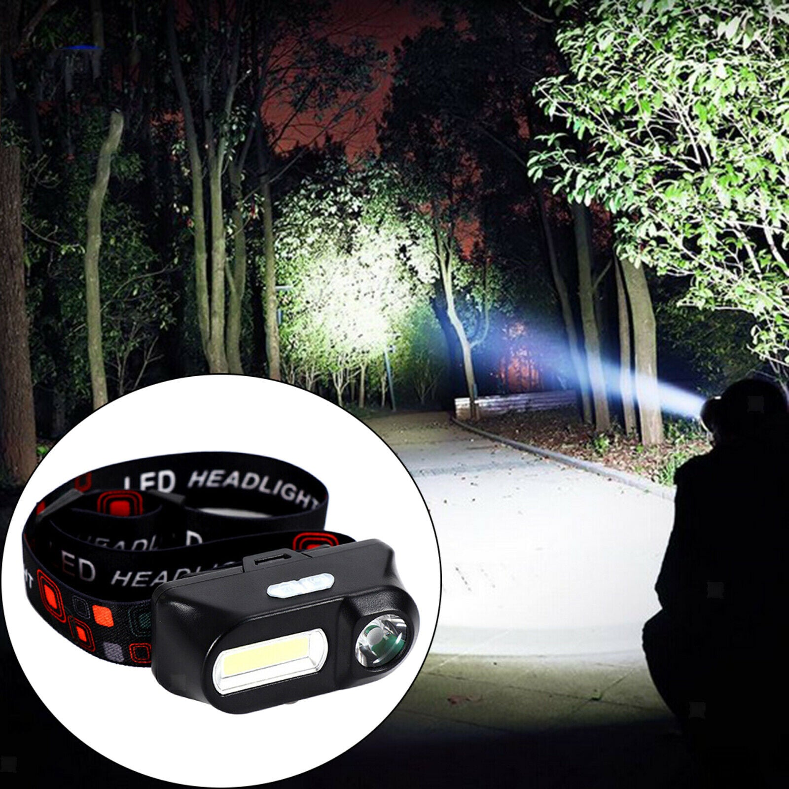 Headlight USB Outage COB/XPE Head Torch Hiking Headlamp Work Flashlight