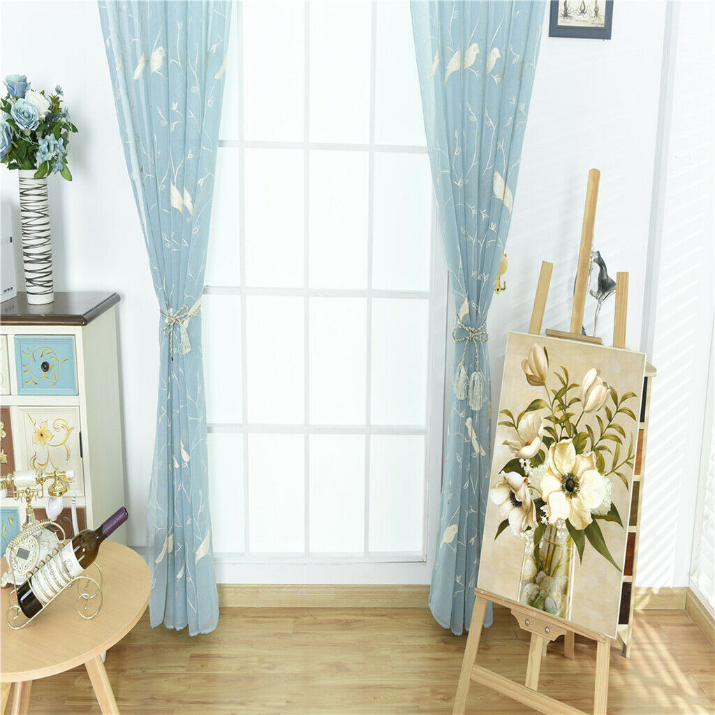 Elegant Embroderied Birds Sheer Window Curtain Voile Drapery Panel 39''x98'' Rod