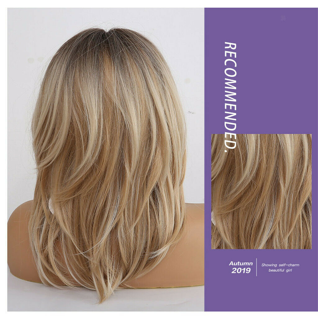 20inch Medium Length Straight Layered Side Part Wig with Inclined Bangs, Natural