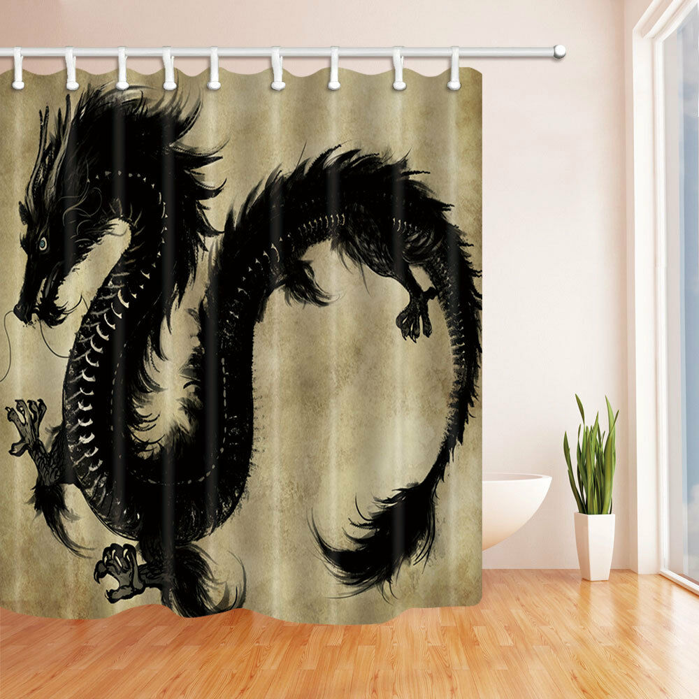 Black Dragon Design For Waterproof Fabric Bathroom Shower Curtain Set 71Inch