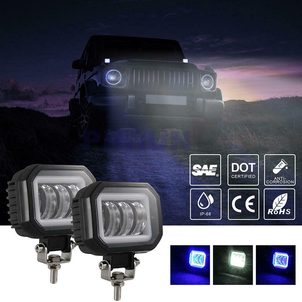2pcs 12-30V 3.5" Square Car Motorcycle Work Lights DRL Blue Angel Eye w/Brackets