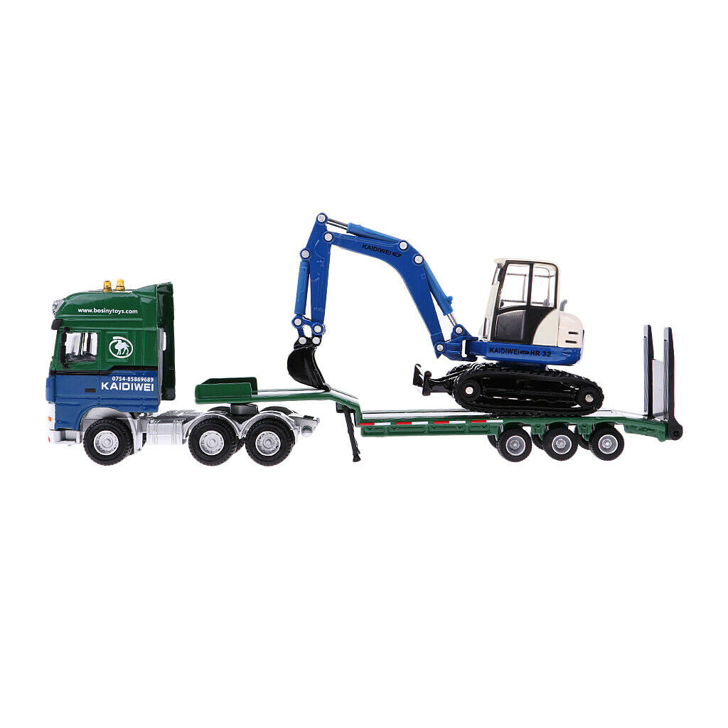 1/50 kids party play pull push alloy flatbed trailer + excavator