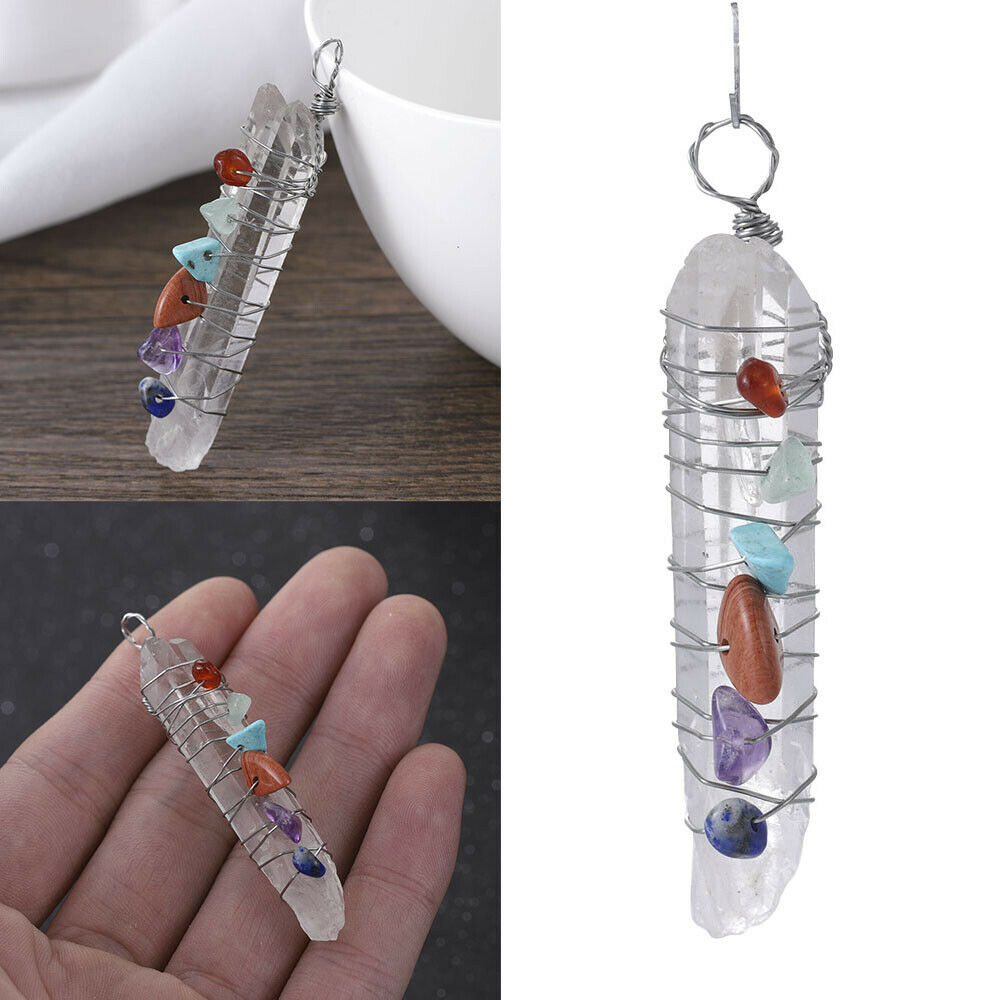 1x Healing Crystal 7 Chakra Stone Wire Wrap Quartz Reiki Pendulum Pendant Gift !